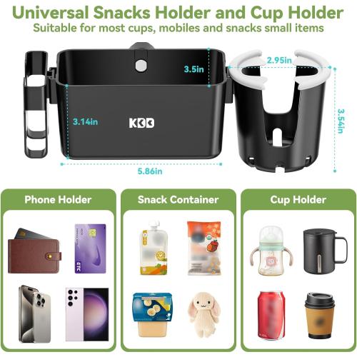 KDD Stroller Cup Holder with Snack Tray, 3-in-1 Universal Stroller Tray with Phone Holder, Removable Drink Holder, 360 Rotation Tray Attachment for Uppababy, Nuna, Wheelchair, Bike, Walker, Scooter