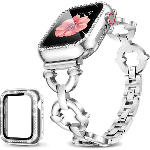 Mesime Compatible with  Watch Band 38mm 40mm 41mm 42mm 44mm 45mm 46mm, Women Bling Jewelry Bands with Tempered Glass Screen Protector Case, Shiny Strap for iWatch Series 11/10/9/8/7/6/5/4/3/2/1/SE