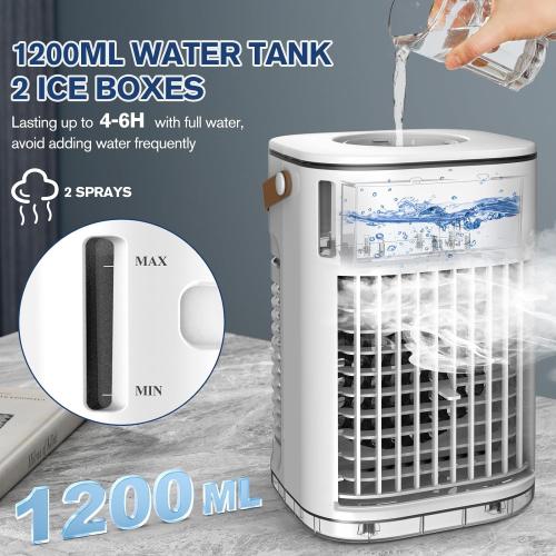 Portable Air Conditioners w/Remote, 5400mAh Built-in Battery, Mini Air Conditioner, 1.2L Water Tank & Ice Box, Auto-off Timer, Evaporative Air Cooler With 3Speeds, Desktop Fan For HomeOutdoors