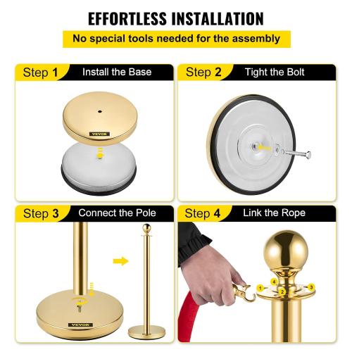 VEVOR Stanchions and Velvet Ropes 4Pcs, Solid Base with Stainless Steel Post, 5ft Red Velvet Ropes and Posts, Crowd Control Barriers Gold Stanchions, Red Carpet Runner Poles for Party Supplies