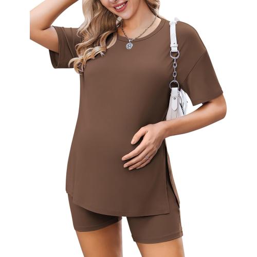 BROWN 2XL Ekouaer Women's Maternity Pajamas Sets 2 Piece Outfits Short Sleeve Shirts and Biker Shorts Pregnancy Loungewear Mama Clothes