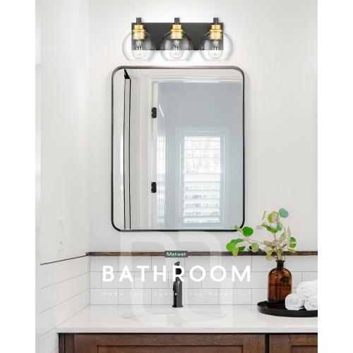 METWET Bathroom Light Fixtures, 3-Light Black and Gold Bathroom Vanity Light, Modern Wall Sconces with Globe Clear Glass Shade, Vanity Lighting Fixtures Over Mirror, VL195-KG-3