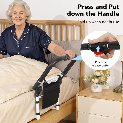 WHITE Bed Rails for Elderly Adults Safety with Foldable Non-Slip Handle, Adjustable Bed Assist Rails for Seniors, Handicap, Disable, Bed Assist Handle with Motion Light, Storage Pocket, White/Black