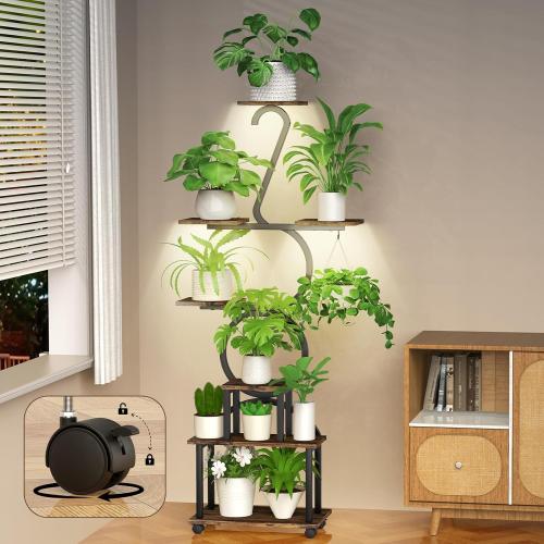 Brown and Black Plant Stand with Grow Lights, 8 Tiered 64 Corner Plant Stand, Metal Plant Shelf Indoor with Wheel, Large Plant Stands, Flower Rack Display for Living Room, Garden, Patio-Thick 1.2MM Steel Frame