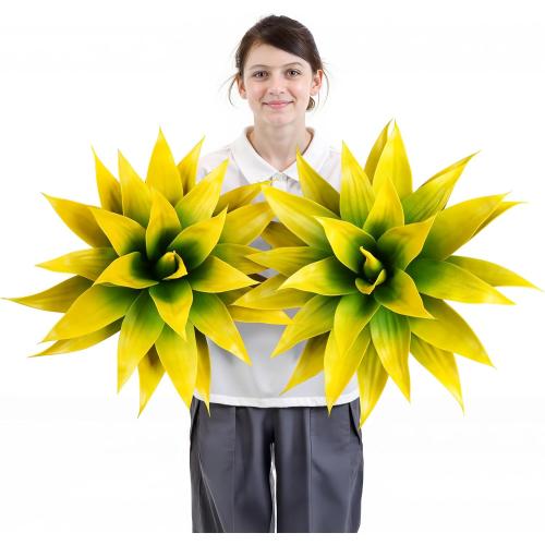 Velener Artificial Agave Plant Set, 28 Inch, Faux Aesthetic Plants for Home Decor, Realistic UV Resistant Fake Yellow Agave Plants Without Pot, Set of 2