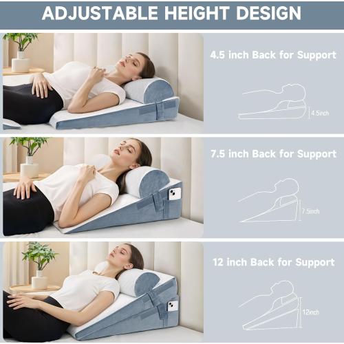 Bed Wedge Pillow for Sleeping, 3 Pcs Adjustable Height 4.5&7.5&12 Inch Triangle Pillow Wedge for Post Surgery, Acid Reflux, Snoring, Legs Pain Relief