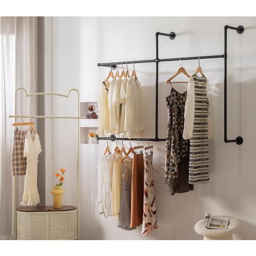 Industrial Pipe Clothing Rack Heavy Duty Wall Mounted Clothes Rack,Pipe Garment Rack Rail,Indoor Detachable Multi-Purpose Clothing Hanging Rod/Garment Bar, Black (3 hanging rods wall garment rack)
