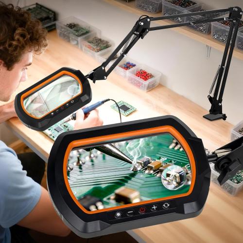 ‼️may be missing items ‼️HITTI 30X & 12X Square Ultra Long Magnifying Glass with Light and Clamp | 3-Section Arm, 5 Color Modes, Stepless Dimming, LED Desk Lamp for Soldering, Jewelry Making, Crafting, Fly Tying-Yellow
