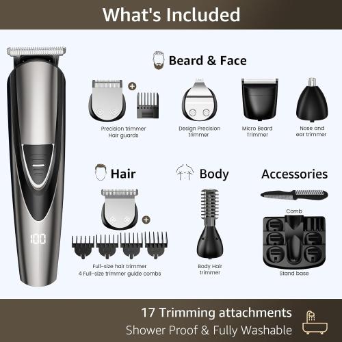 Beard Trimmer for Men SHPAVVER,17-Pc Set Rechargeable Hair Clippers Kit with Safety Lock,Mens Grooming Kit for Hair Beard Body & Nose,Gifts for Men