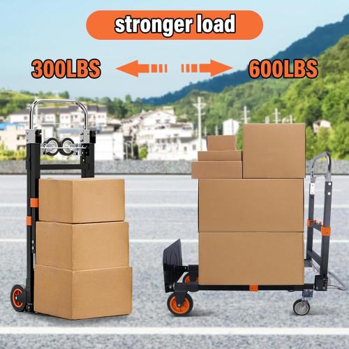 BLACK Upgraded 3 in 1 Folding Hand Truck, 600lbs Capacity, Heavy Duty Convertible Dolly with Retractable Handle and 4 Rubber Wheels, Collapsible Cart for Moving Home, Office, Warehouse（Orange）