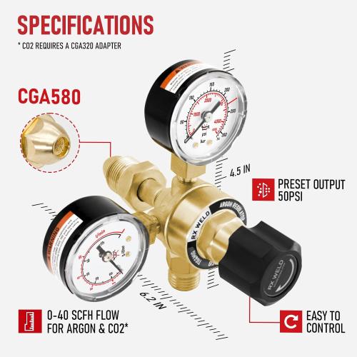 RX WELD Argon Regulator for MIG TIG, 0-40 CFH, CGA580 Inlet