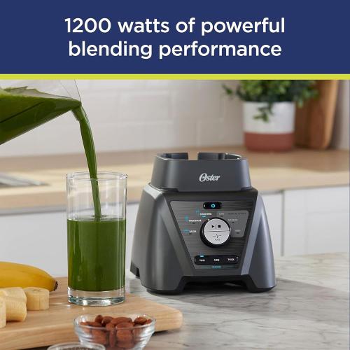 Oster Blender and Food Processor Combo with 3 Settings for Smoothies, Shakes, and Food Chopping, Includes 2 24-Ounce Cups and Lids, Carbon Grey