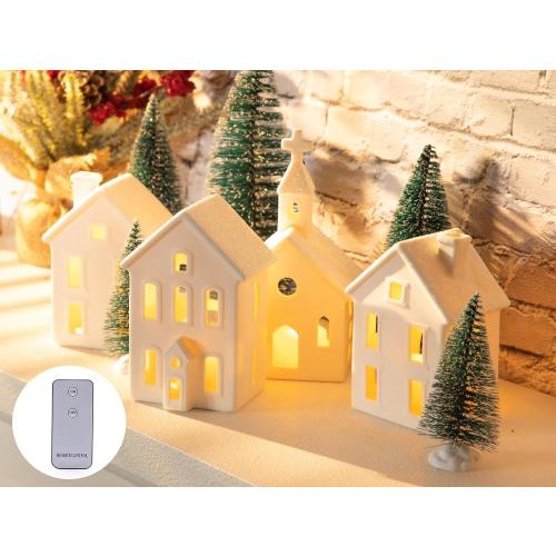 7 Pcs Christmas Village Figurines Sets - 4 Lighted Ceramic Houses with Remote Control & 5 Trees - Christmas Decorations Indoor - White Xmas Holiday Farmhouse Rustic Decor for Home Table Room