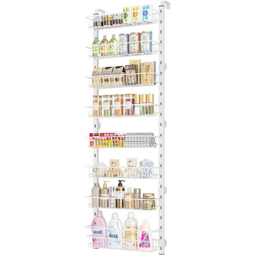 MIAOLI Over the Door Pantry Organizer, 8-Tier Adjustable Spice Rack Cabinet Door Shelves, Hanging Seasoning Organizer for Kitchen Bathroom, Laundry Room Organization, White
