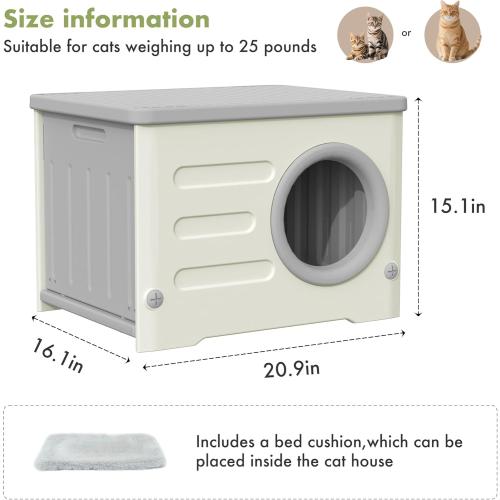 Outdoor Cat House Weatherproof, Insulated Heavy-Duty HDPE Feral Cat Shelter with Cozy Cushion, Elevated Stackable Round Entrance Cat House for All Seasons Indoor Outdoor (Grey and White)