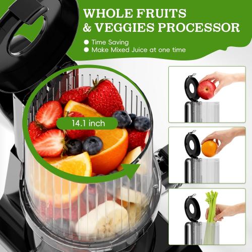 Cold Press Juicer, Wide Feed Chute Juicer Machines, Stainless Steel Slow Masticating Juicers Easy to Clean, Vegetables & Fruits Juice Extractor, High Juice Yield, Gray Knob