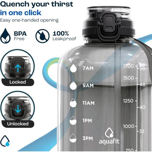 Size 64oz Color White AQUAFIT Half Gallon Water Bottle with Time Marker - Straw & Chug Lid - BPA Free Gym Water Bottle with Straw - Big Gallon Jug ( 64 oz - 2in1 Lid)