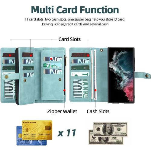 TwoHead for Samsung Galaxy S22 Ultra Wallet Case with Card Holder & Detachable Magnetic Phone Case, Leather All-Round Protection Wallet Phone Case for Women Men,6.8in,Blue
