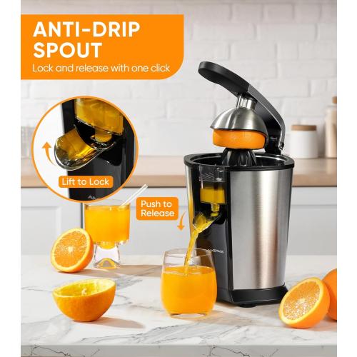 Electric Orange Juicer, Citrus Juicer Squeezer with 2 Cones and Soft Grip Handle for Effortless Juicing, Stainless Steel Quiet Orange Juice Extractor Machines for Lime Grapefruit Lemon