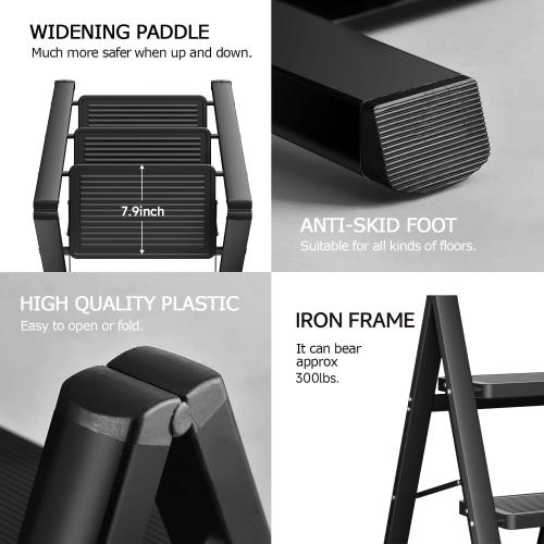 Step Ladder 3 Step Folding, Small Step Stool for Adults, Portable Anti-Slip Iron Stepladder with Wide Pedals for Home and Kitchen Use, Space Saving - Black (300 lbs)