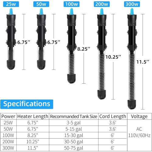 AQUANEAT Aquarium Heater, 200W Fish Tank Heater, Adjustable Submersible Water Thermostat with Digital Thermometer