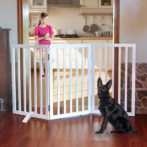 Dog Gate Indoor, Freestanding Dog Fence for The House, Doorways, Hallways,or Stairs,Pet Gate Foldable Wooden,Expandable 32 Height 3 Panels,White