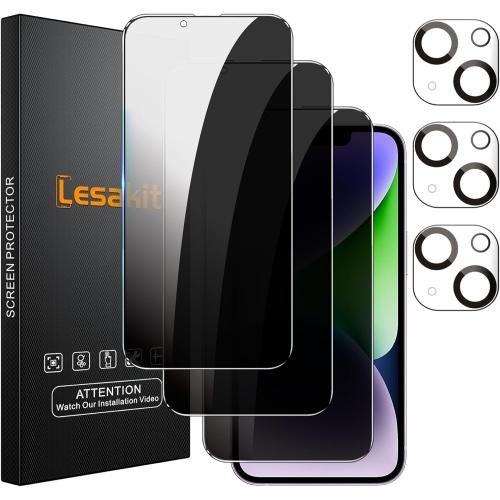 3 3 Pack Privacy Screen Protector for iPhone 14 Plus 6.7-Inch with 3 Pack Camera Lens Protector, Anti Spy Tempered Glass Film 9H Hardness Bubble Free Case Friendly
