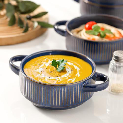 Soup Bowls with Handles, 23 oz French Onion Soup Crocks, Stackable Soup Bowl Oven Safe for Chili, Beef Stew, Embossment Ceramic Bowl Set - 5.4 Inch, Set of 4,Blue