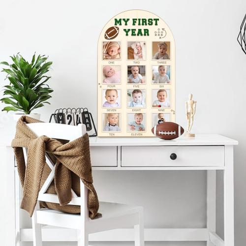 Partico My First Year Photo Board - Baby's First Year Photo Frame 12 Months Milestone Board Football Photo Display Wood Board 1st Birthday Picture Frame Decorations (fits 4 x 4 photo)