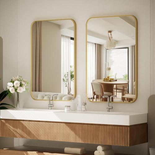 BEAUTYPEAK 26 x 38 Rectangular Aluminum Alloy Frame Wall Mounted Bathroom Mirror with Rounded Corners, Gold