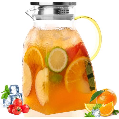 Glass Pitcher With Lid and Handle, Water Pitcher For Fridge, Ice Tea Carafe for Cold Brew, Drinks, Lemonade, Juice, Coffee, Beverage, Fruit, 1.4 Liters 47oz, Clear, Borosilicate