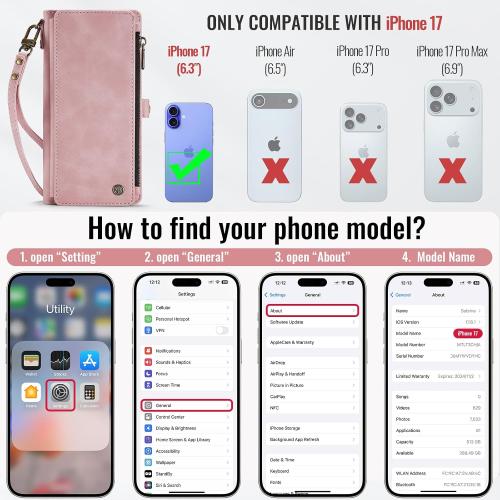 Defencase Compatible with iPhone 17 Case Wallet with RFID Blocking Card Holder for Women and Men, Fashion PU Leather Magnetic Snap Flip Zipper Strap Wallet Phone Case for iPhone 17 6.3, Rose Pink
