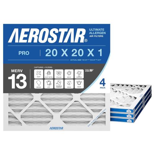 Aerostar 20x20x1 MERV 13 Air Filter, 4 Count, ACTUAL SIZE (19.75 x 19.75 x 0.75), HVAC, Air Conditioning & Furnace Filter for Allergies, Dust, Pet Dander & Smoke (MPR 1500 / FPR 10), Made in USA