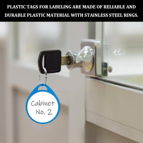 100 Pcs Rack Key Tags with Label 1.5 Inch Reusable Round Plastic Tags with Blank Paper Stickers and Split Rings, Item Identifiers for Home,Office and Rental Management Use (Blue)