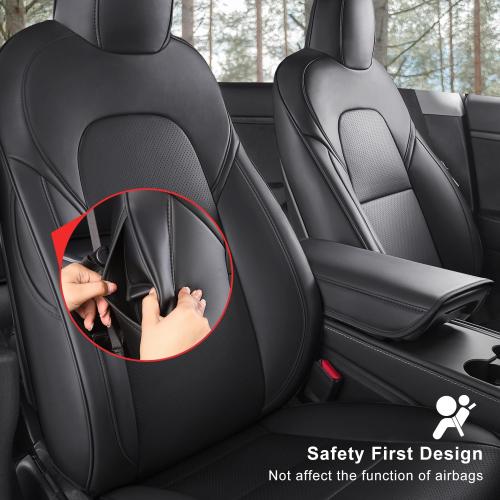 Tesla Model Y Car Seat Covers Nappa Leather Car Interior Seat Airbag Compatible Cushion Cover Full Set Custom Fit 2024 2023 2022 2021 2020, Nappa Black