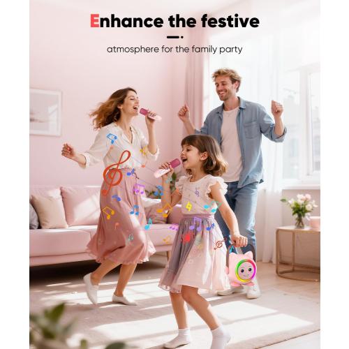 Mini Karaoke Machine Toy for Kids, Portable Karaoke Machine with 2 Wireless Microphone for 4,5,6,7,8,9,10,11,12  Years Old Christmas Birthday Gifts Girls Boys (Pink)