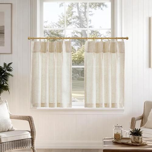 jinchan Linen Pinch Pleated Kitchen Curtains 24 Inch 2 Panels Natural Linen Tier Curtains Back Tab Beige Farmhouse Cafe Light Filtering Small Window Drapes for Bathroom Laundry Room Beige