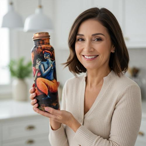34oz Aquatic DARK EMBOSSED Ayurvedic Copper Water Bottle 34oz - Pure Copper Bottle for Sports, Fitness, Yoga - Natural Health Benefits - Made in India