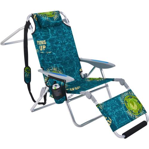 Portable Camping Beach Chair for Adults, Outdoor Lay Flat Beach Lounge Chair Folding Chairs with Footrest, Backpack Chair with Towel Bar, Cooler Pouch, Cup Holder, Geometric Green