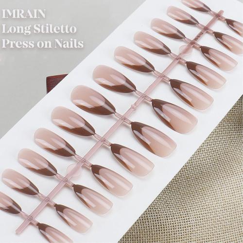 IMRAIN Press on Nails Brown French Tips Fake Nails Long Stiletto False Nails Glossy Full Cover Acrylic Gel Artificial Stick on Nails for Women 24Pcs