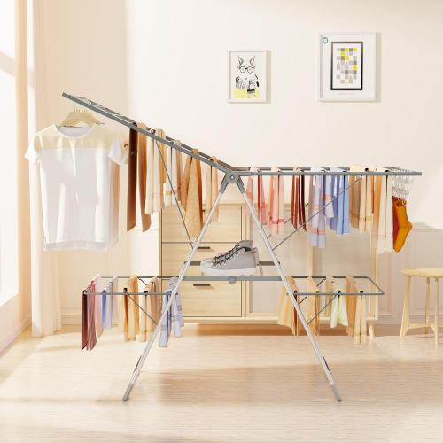 Bigzzia Clothes Drying Rack Foldable, 2-Level Large Laundry Drying Rack Collapsible, Stainless Steel Drying Rack Clothing for Indoor Outdoor, Easy to Fold, 33 Drying Rails, 142cm, Gray