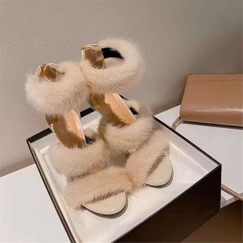 FURINFASHION GR-67 Women's Luxury Real Fur Heeled Sandals Summer With Real Mink Fur Straps Furry Sexy High Heels Open Toe Thin Heels Stiletto (12, Nude Pink)