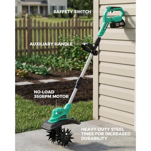21V Cordless Tiller Cultivator for Gardening, 350 RPM Electric Garden Tiller with 2×3.0Ah Batteries, 9-Inch Tilling Width 7-Inch Depth Lightweight Hand Tiller for Soil Cultivation, Lawn, Composting