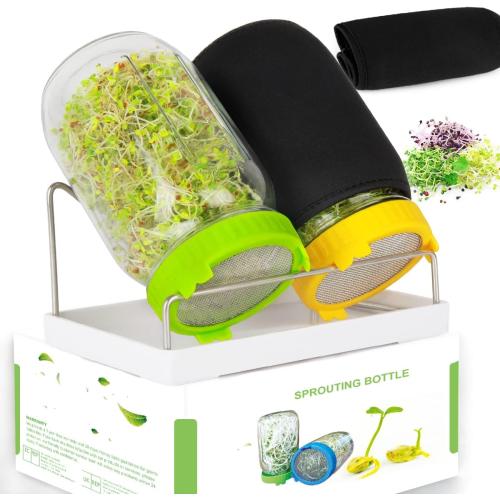 Kitmiido Seed Sprouting Kit, 2 Large Wide Mouth Mason Jars with Sprout Lids, Blackout Sleeves, Drain Tray, Stainless Steel Stand, Sprouts Growing Kit for Bean, Broccoli, Alfalfa (Yellow Green)