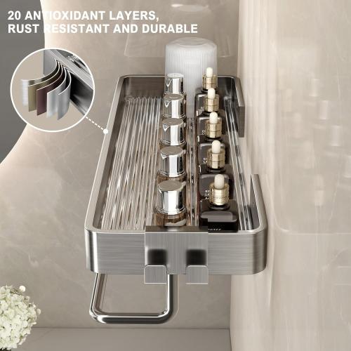 VOLPONE Stainless Steel Wall Mounted Bathroom Shelves - 2-Tier Floating Shelf with Removable Hooks (Brushed Nickel)