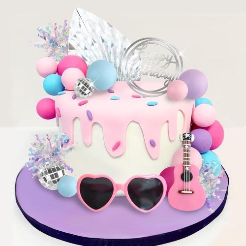 Guitar Cake Toppers Pink Blue Purple Ball Cake Toppers Silver Disco Mirror Ball Cake Decorations for Girl Guitar Musician Theme Party Kid Disco Music Birthday Supplies