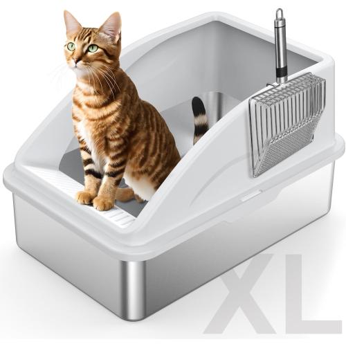 Grey 23.2 x 15.7 x 12.2 FURTIME Stainless Steel Litter Box with Lid, XL Metal Cat Litter Box for Big Cats, Extra Large Box High Sided, Non-Sticky, Easy to Clean, Anti-Urine Leakage, Include Metal Litter Scoop