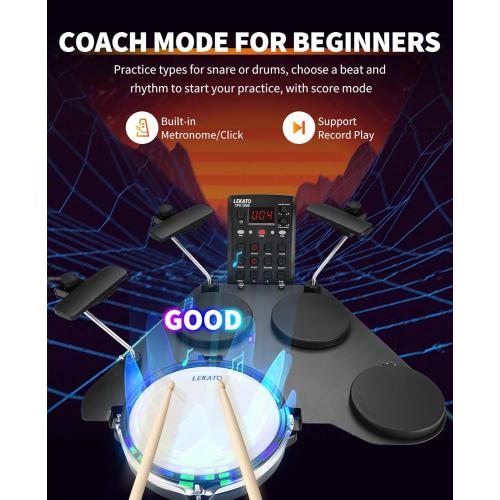 LEKATO Electronic Drum Set, Portable Electric Drum Set for Beginner with Quiet Mesh Snare Drum Pads, 220  Sounds, USB MIDI, 2 Switch Pedal, Electric Drum Kit with Sticks, Travel Bag
