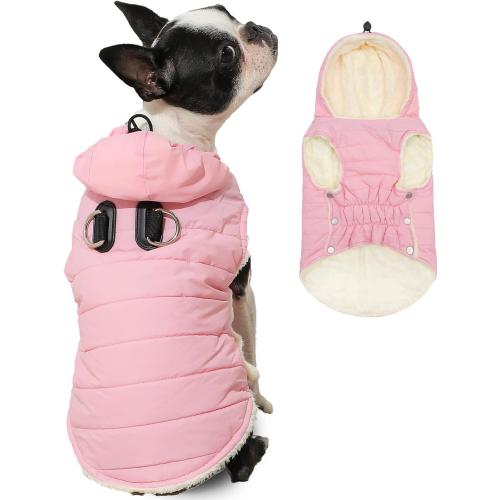 Fleece Lining Dog Hoodie with Harness Built in,Extra Warm Small Dog Jacket in Winter Puppy Coats with Drawstring Hooded,Light Pink XS