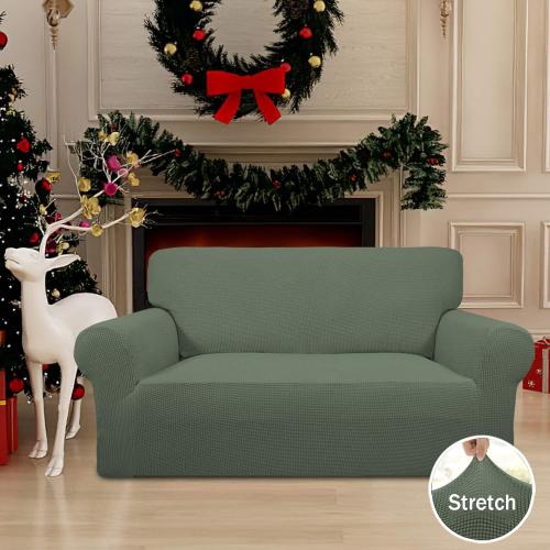 Easy-Going Stretch Loveseat Slipcover 1-Piece Sofa Cover Furniture Protector Couch Soft with Elastic Bottom for Kids Polyester Spandex Jacquard Fabric Small Checks (Loveseat, Greyish Green)